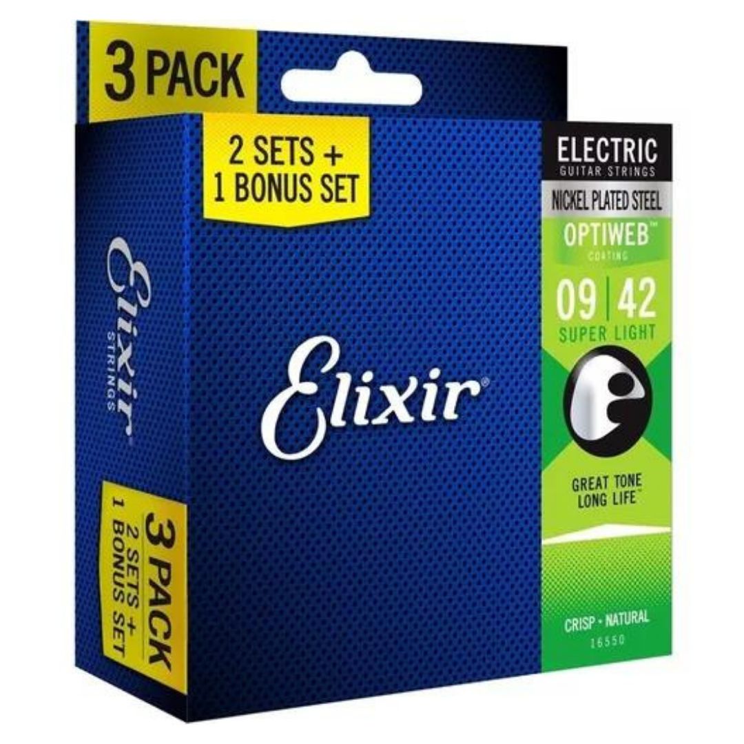 Encordamento Elixir Bonus Pack (3 Unidades) 09/42 Guitarra Super Light Optiweb