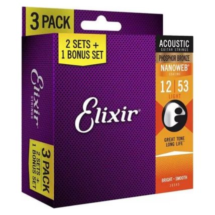 Encordoamento Elixir Bonus Pack (3 Unidades) 12/53 Violão Aço Light Phosphor Bronze Nanoweb