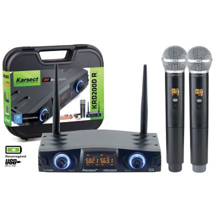 Microfone Karsect KRD-200DR Duplo Mão S/Fio Recarregável